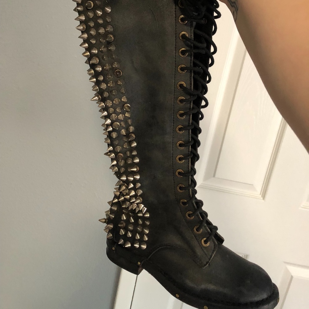 Jeffrey Campbell boots black leather spiked knee high lace up free people boots